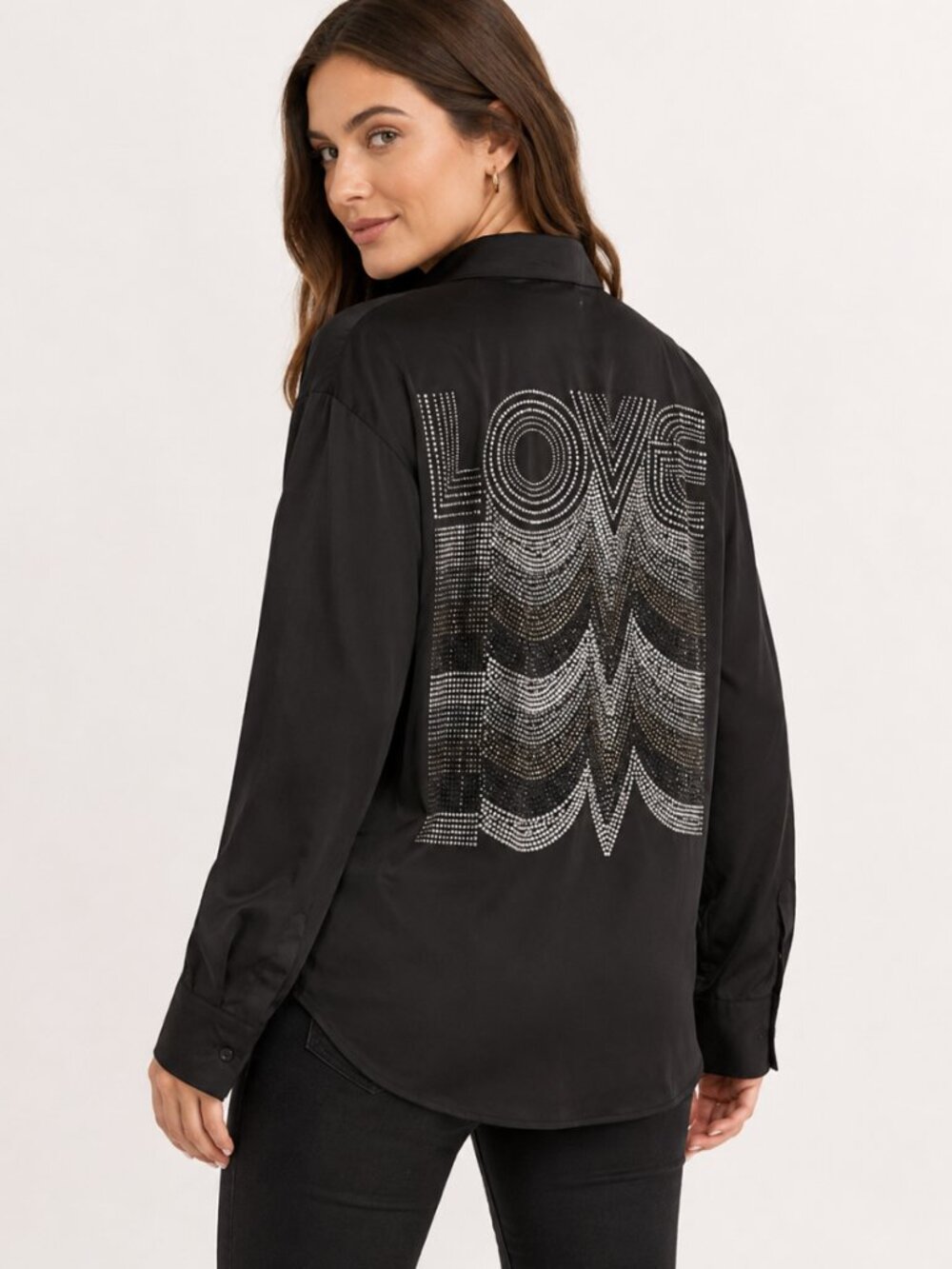 NWT Moving Forward Designs LOVE Rhinestone Black Button Down Shirt Rock N Roll M